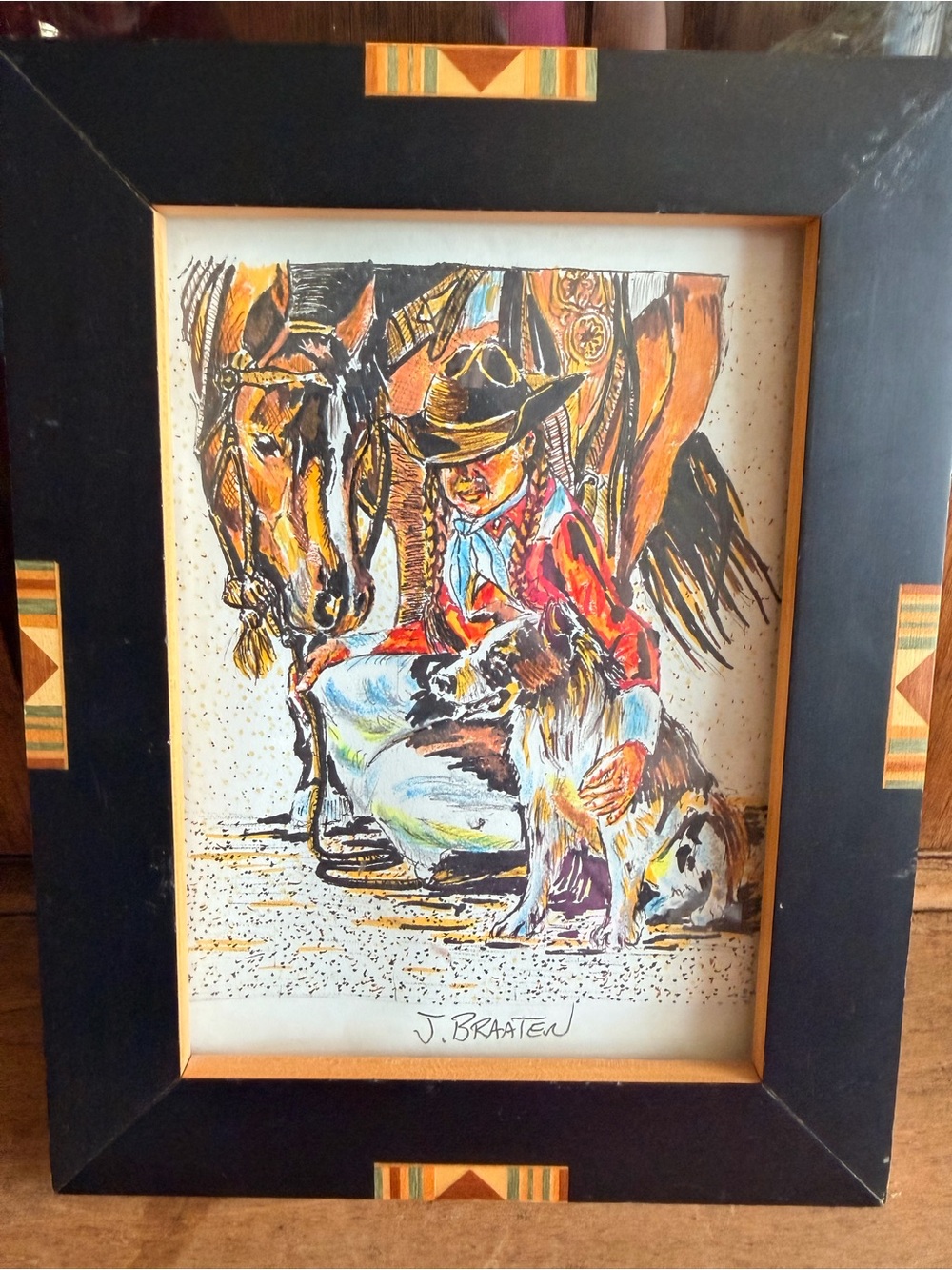 Signed Original Artist ProofWestern Cowboy Art Print in Black Frame - Multicolor